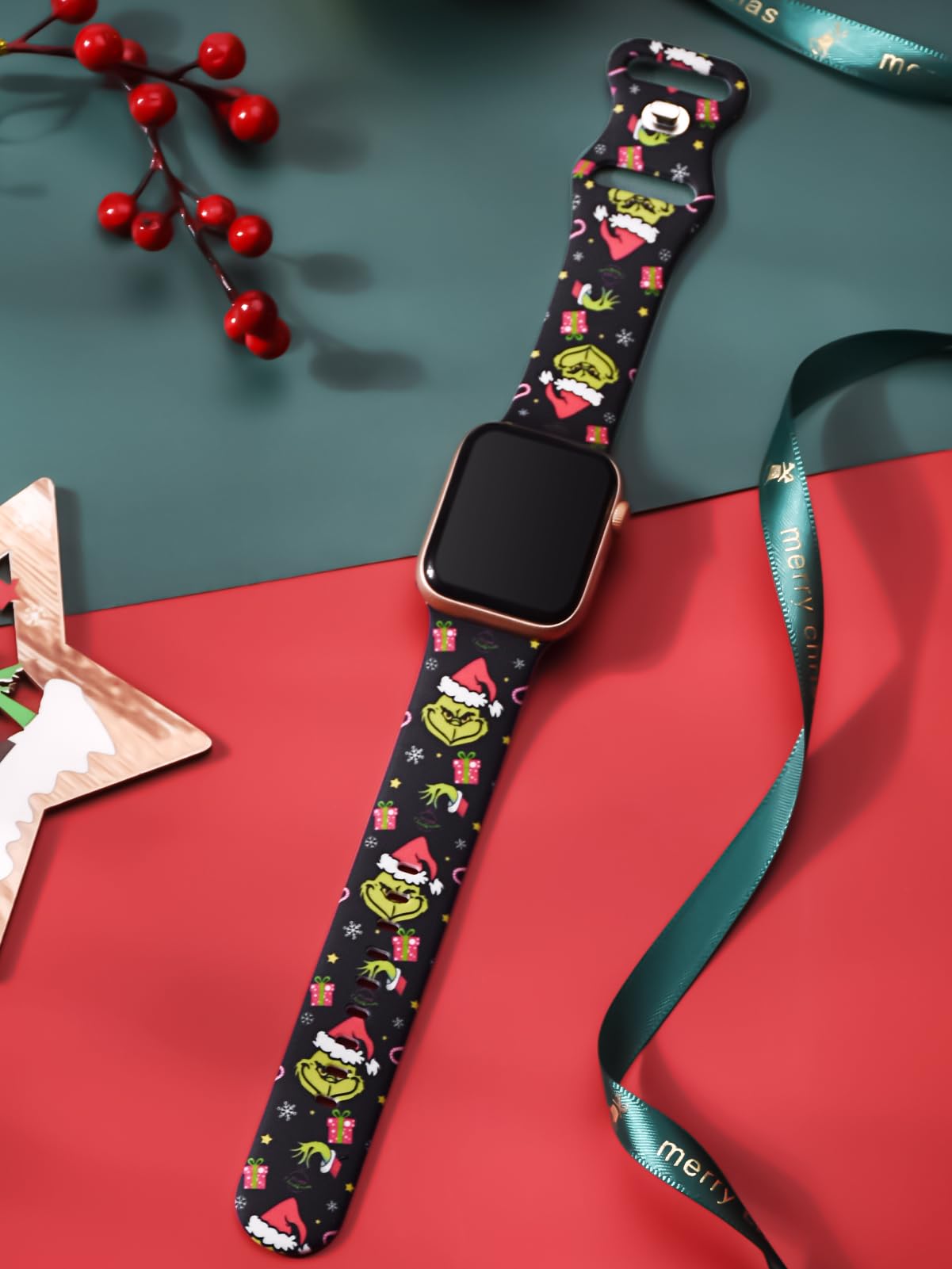 Watbro Christmas Watch Band Compatible with Apple Watch 38mm 40mm 41mm Women Men,Soft Silicone Cute Sport Strap Design for Apple Watch Ultra iWatch Series 8 7 6 5 4 3 2 1 SE Band,Grinch Black
