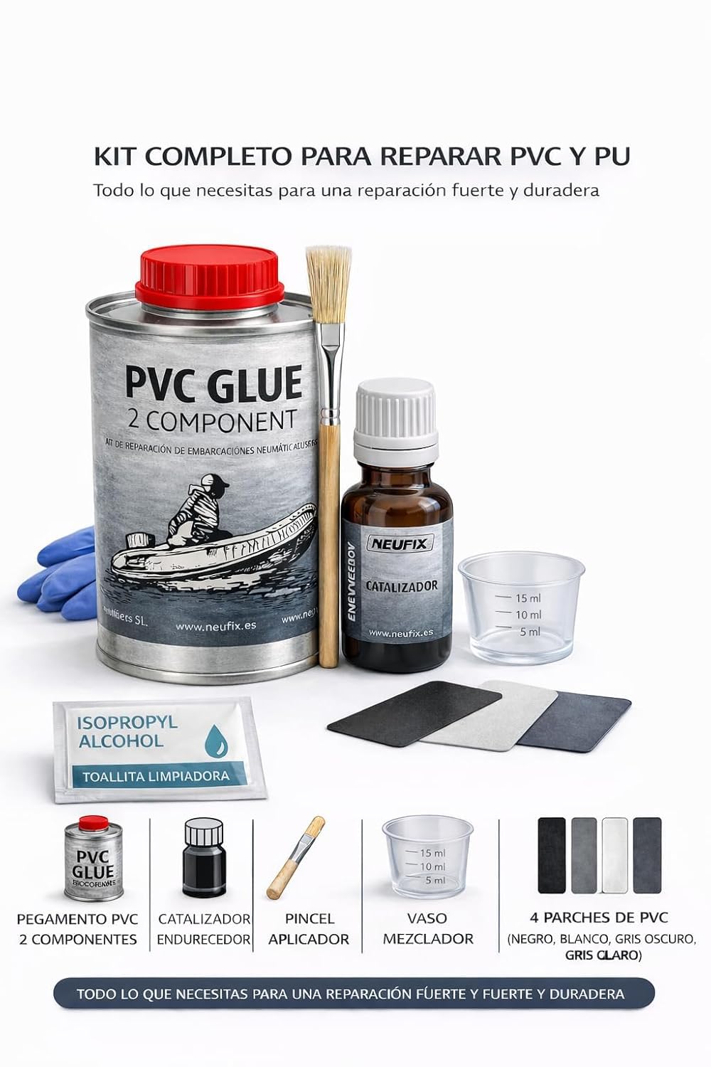 Kit Riparazione PVC Professionale – Colla PVC Bicomponente per Gommoni, SUP, Kayak e Gonfiabili – Include Toppe, Pennello, Bicchiere, Guanti e Salvietta