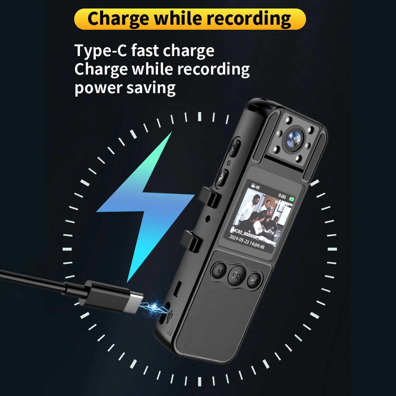 Camnoon 4K Body Camera with Audio and Video Recording Wearable Body Cam Mini Webcam 180° Rotatable Lens IR Night Vision One-Key Alarm with Mini Tripod for Law Enforcement Delivery Personal Traveling