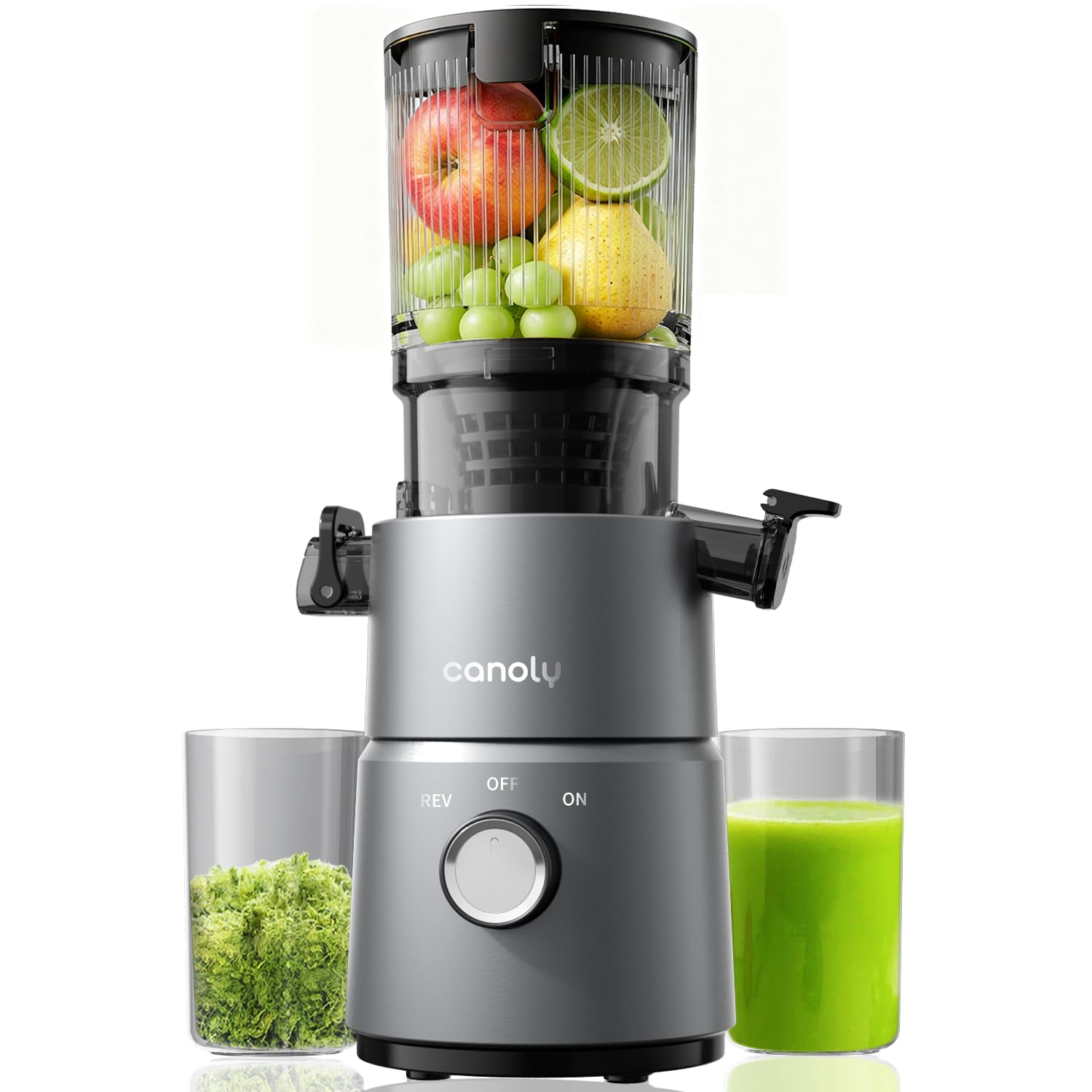 Canoly C03 Cold Press Juicer, 4.5" Wide Feed Chute Juicer Machine with 350W AC Motor, Fit Whole Vegetables & Fruits, 2-in-1 Strainer (Juice & Nut Milk Maker), Space-saving, Easy to Clean, Matte Grey