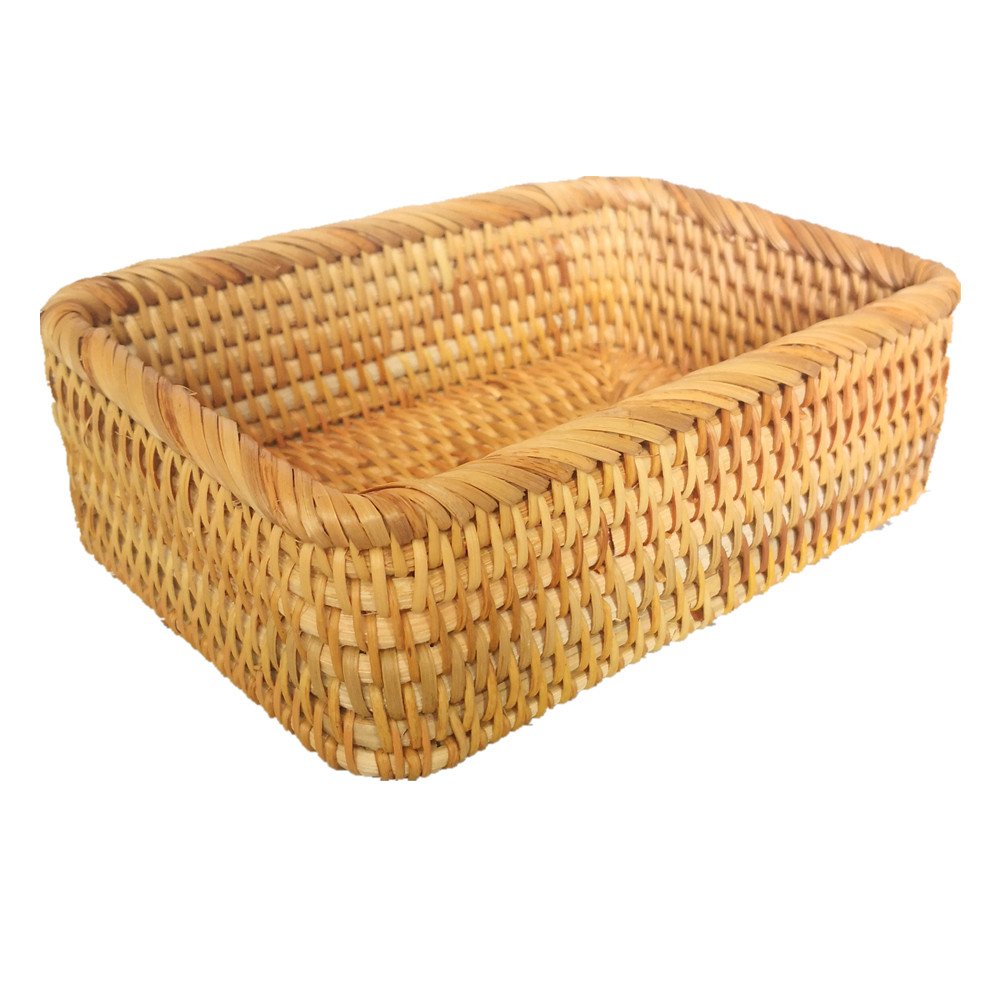 AMOLOLO Handmade Rectangle Wicker Fruit Box Rattan Tray Magazine Organizer and Small Objects Container Serving Basket (Small)