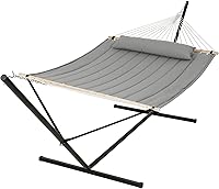 Vista 13 de SUNCREAT - Hamaca doble, tela acolchada extra grande con barras de madera maciza y cojín desmontable, resistente, perfecta para patio Azul