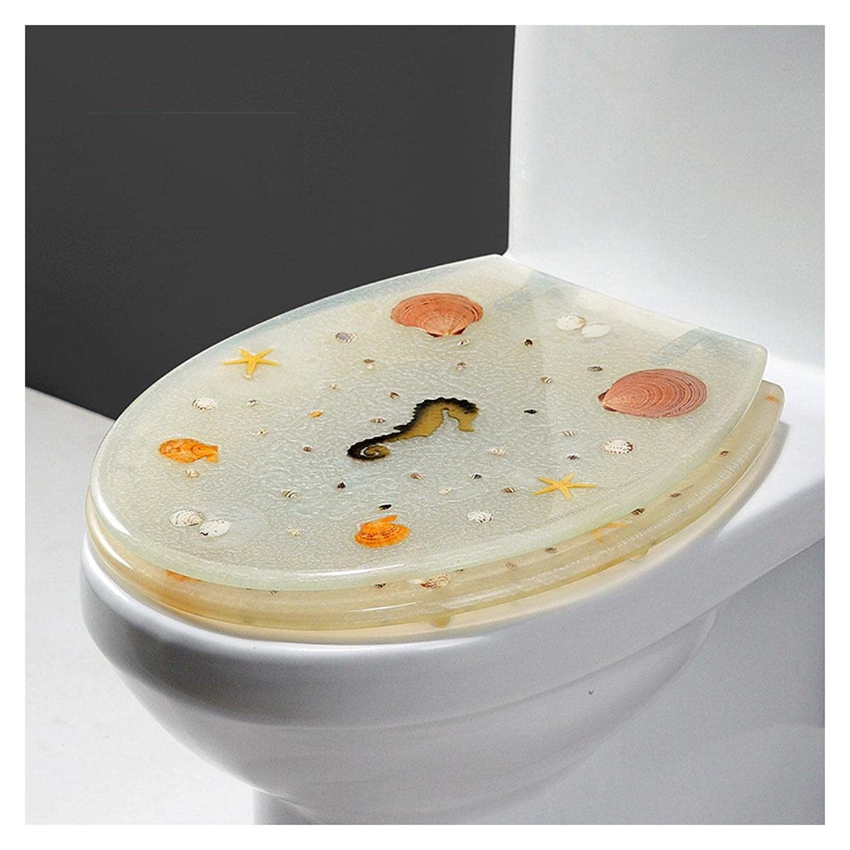 Ocean-Themed Resin Toilet Seat with Slow-Close Lid, 3D Dolphin and Seashell Design for Standard Toilets