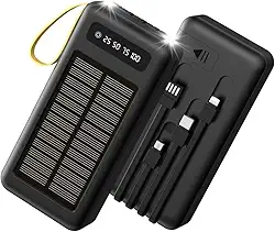 Carregador Portátil Power Bank Solar 20.000mah Com cabos 5 Em1 LED lanterna - Preto