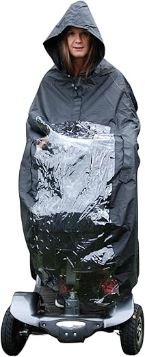 Elektromobil Regenschutz, Regenjacke, Regencape für Rollstuhlfahrer – Rollstuhlponcho mit Kapuze und Reißverschluss - schützt Fahrer und Seniorenmobil vor Regen und Spritzwasser