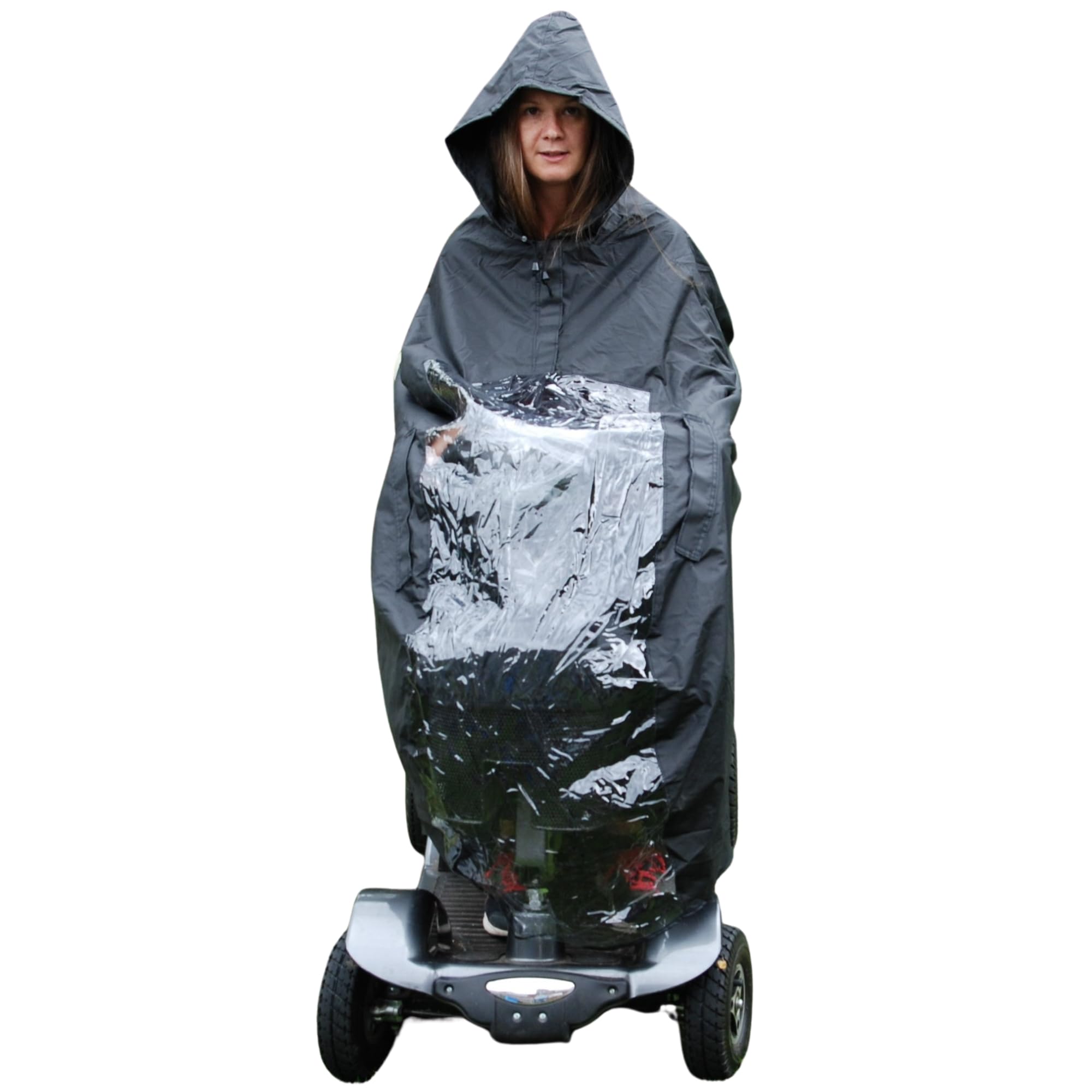 Waterproof Mobility Scooter Cape, Hood and Hand Vents Windproof Full Length Rain Poncho Cover – Clear PVC Panel – Heavy Duty Black