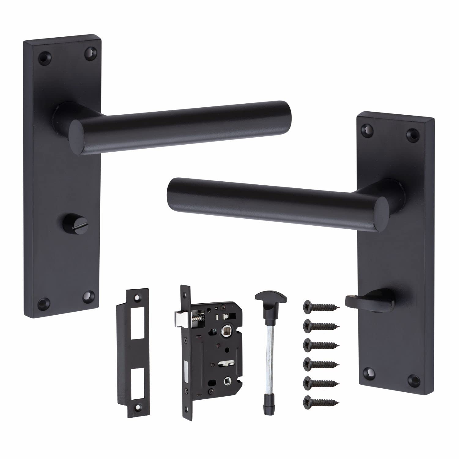 Golden Grace Door Handle Straight T-Bar Modern Lever Backplate for Latch, Matt Black Finish, Bathroom Set - 150mm x 40mm