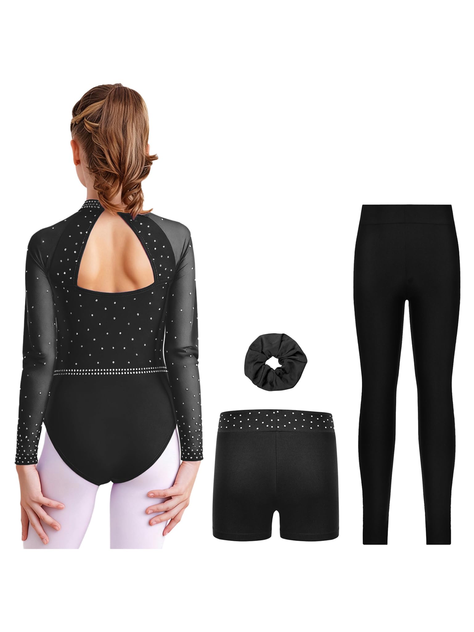 Mädchen Turnanzug Langarm Gymnastikanzug Glitzer Eiskunstlauf Body Overall mit Hose Shorts Haarband Trikotanzug Eislaufen Tanzkostüm