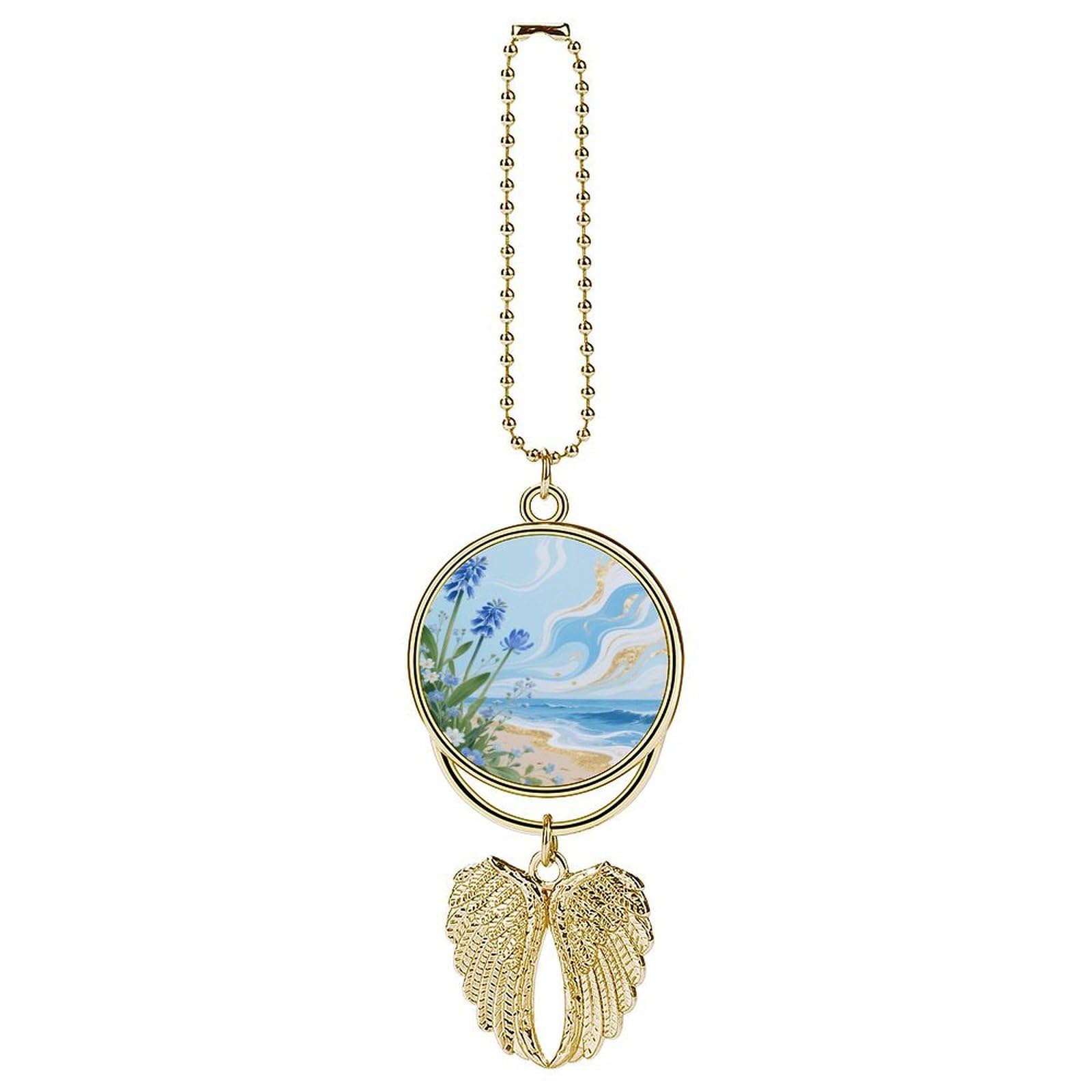 Hawaii Floral Blue Car Pendant Car Rearview Mirror Pendant Custom Photo Car Hanging Ornament Car Rear View Mirror Hanging Accessories Angel Wing Car Charm Gift for Men Women