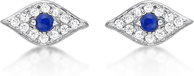 Diamond Treats Dainty Evil Eye Earrings in 925 Sterling Silver with Cubic Zirconia Stones, Small Evil Eye Stud Earrings for Women and Teen Girls, Dainty Silver Jewellery for Women