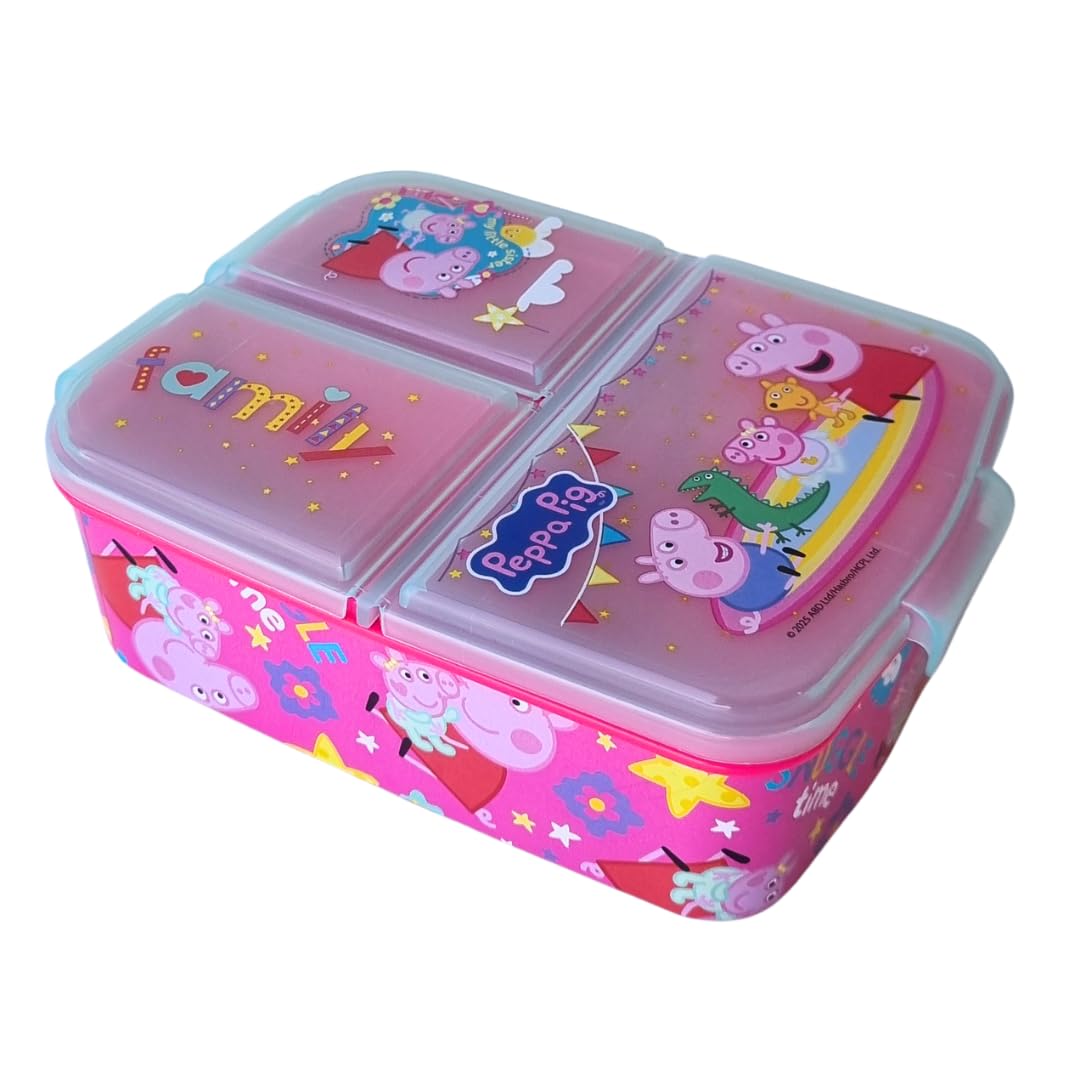 PICOBOX, Peppa Pig Kids Lunch Box with Compartments, Peppa and Evie Pig Toddler Lunch Box, Ideal for Lunches and Snacks, 3 Compartments, Lightweight and Easy to Clean, Reusable, 17x14x5 cm