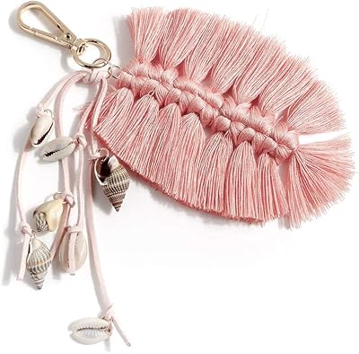 QTMY Colorful Shell Leaf Feather Tassel Keychain for Women,Cute Boho Bag Charm Pendant Keyring Purse Handbag Decor (Pink)