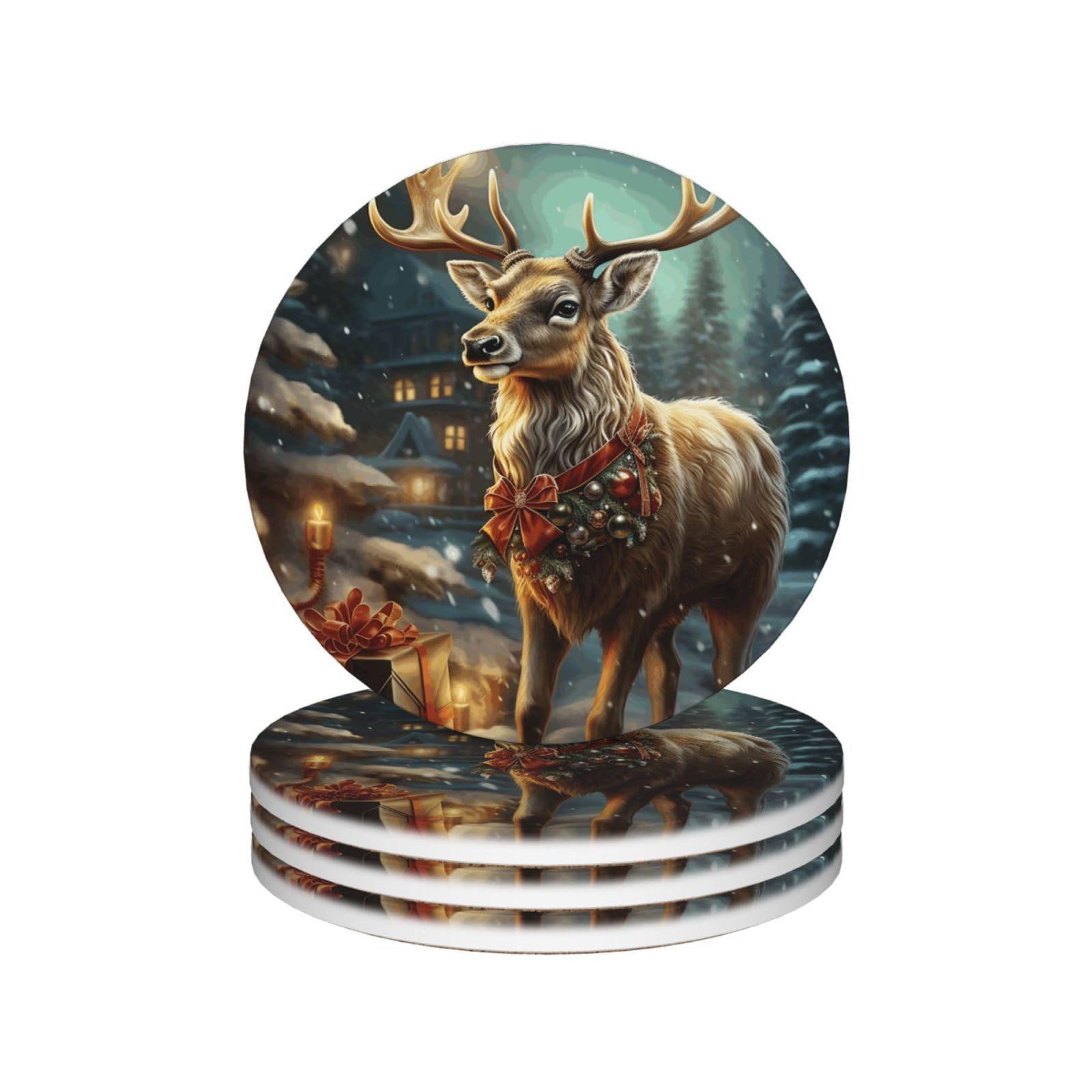 Drink Coasters Set of 4 Coffee Ceramic Coaster Reindeer Coasters for Drinks Coffee Cup Mat Heat Resistant Tabletop Protection Coaster Desk Accessorie Home Decorative