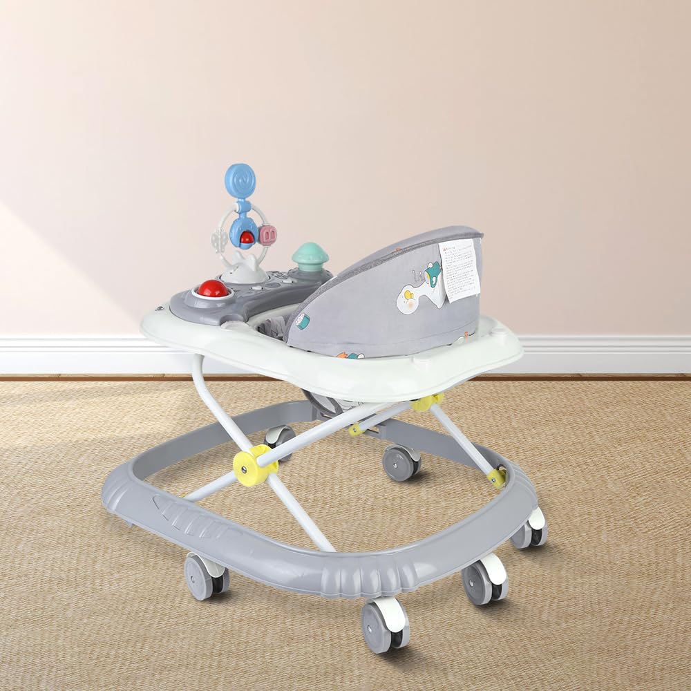 Girello per bambini 5 in 1, girello pieghevole per bambini, con 4 altezze regolabili, luci, musica, vassoio attività rimovibile, portata 12 kg, per 6 mesi-67 x 72 x 92 cm, grigio (B)