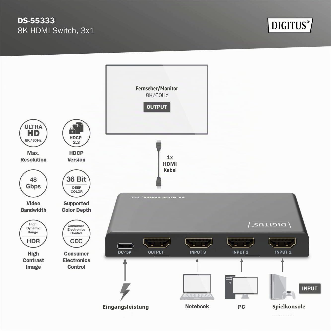 DIGITUS HDMI Switch 3x1 – 3 In 1 Out – UHD 8K 60 Hz – HDCP 2.3 & HDMI 2.1 | HDR, CEC, Deep Color, DTS, Dolby Digital, LPCM – Für TV, Monitor, Spielekonsolen