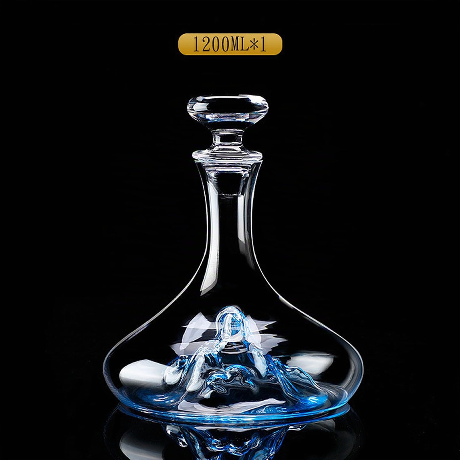 Décanteur à vin en verre cristal, carafe à vin luxueuse avec cascade en forme de montagne de glace bleue intégrée, aérateur à vin sans plomb avec bouchon en verre, accessoire à vin (Court
