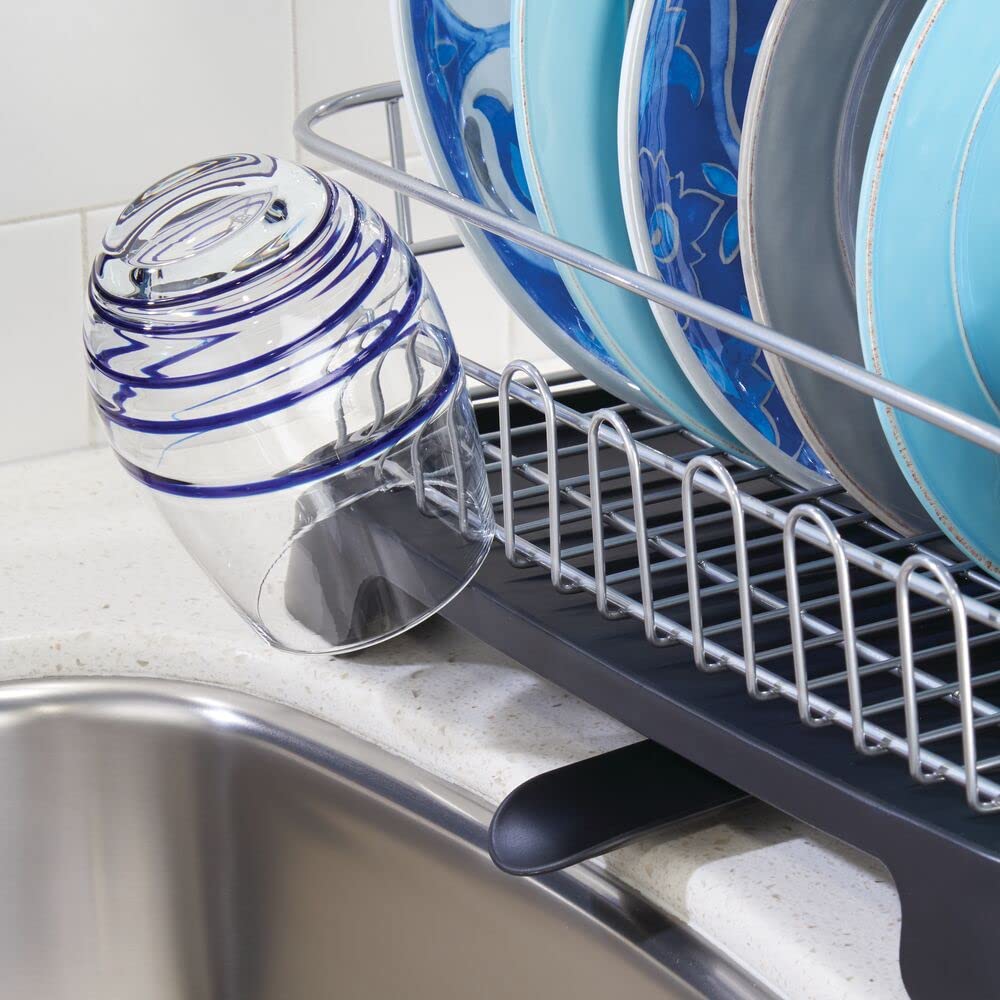 mDesign Égouttoir à Vaisselle en métal avec Plateau d'égouttage en Plastique, Porte-Couverts, égouttoir à Vaisselle et égouttoir pour la Cuisine, argenté/Noir