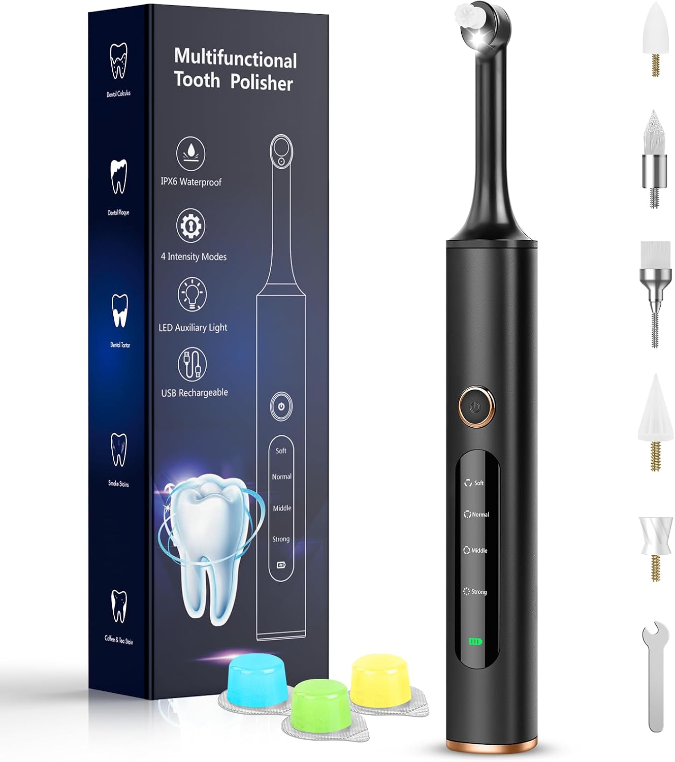 Tooth Polisher, Rechargeable Tooth Whitening Kit for Teeth Daily Whitening and Cleaning, Electric Dental Polisher with 3 Polish Pastes, 5 Brush Heads, 4 Speed Modes, Waterproof, and LED Light