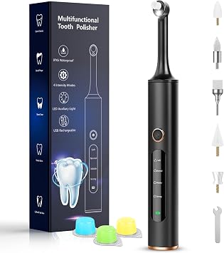 Tooth Polisher, Rechargeable Tooth Whitening Kit for Teeth Daily Whitening and Cleaning, Electric Dental Polisher with 3 Polish Pastes, 5 Brush Heads, 4 Speed Modes, Waterproof, and LED Light