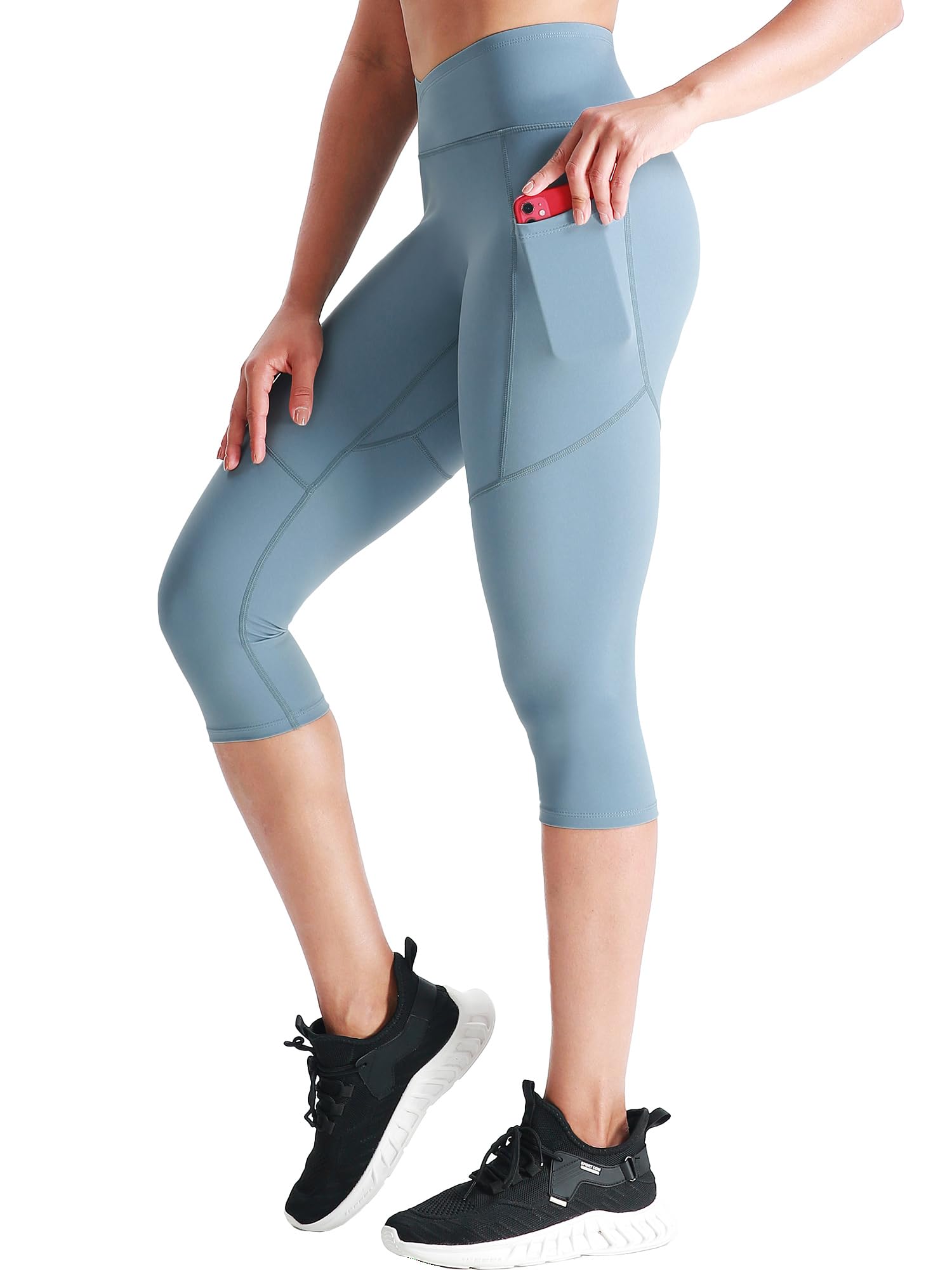 CADMUS Womens High Waist Workout Legging Capris for Yoga w Side Pockets