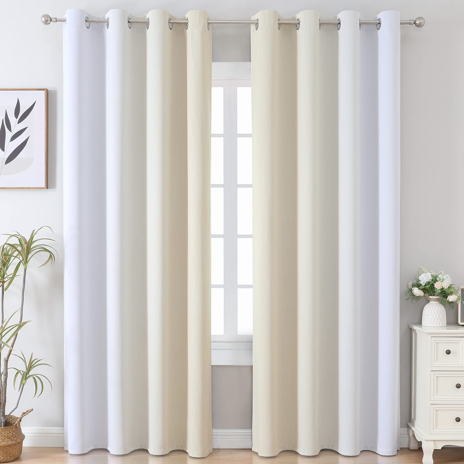 Dégradé Ombre Beige Clair Blanc, Rideau à œillets, Rideaux de fenêtre, thermorideau Anti-Froid, Double Rideau 2 pièces, Rideaux de Chambre à œillets, occultants pour Salon, H 229 x L 132 cm