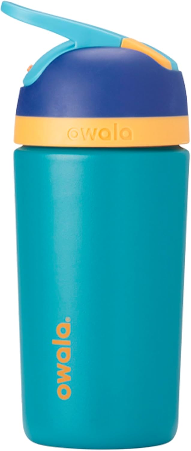 Owala Kids Flip Insulated Stainless-Steel Water Bottle with Straw and Locking Lid, 14-Ounce, Blue/Teal (Splishy Splashy)