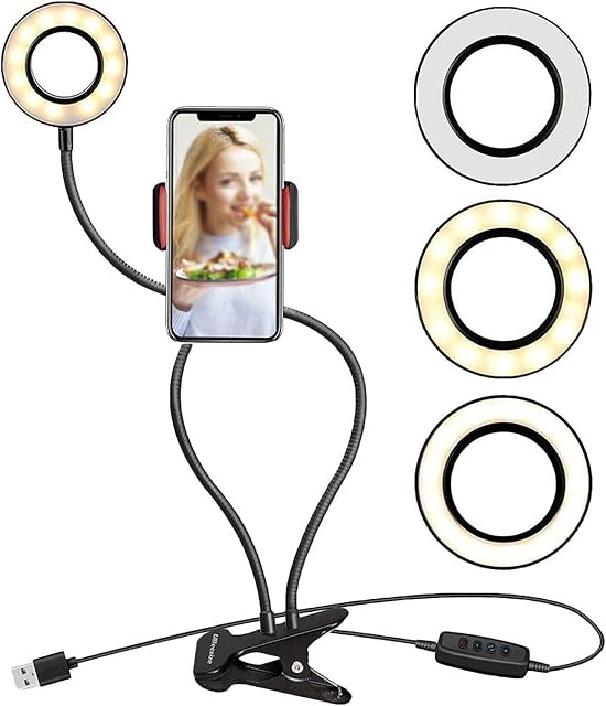2 in 1 Ring Light Desk Lamp Clamp, LED Clip on Reading Light, Webcam Light Stand with Phone Holder, Selfie Ring Light with Flexible Arm, 3 Light Mode