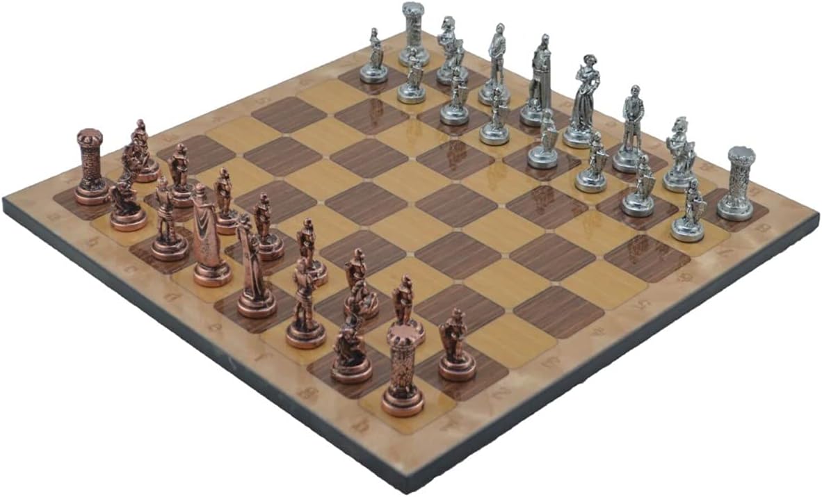 Metal Chess Set for Adults Medium Medieval British Army Antique Copper Figures,Handmade Pieces and Different Design Wooden Chess Board (Rustic)