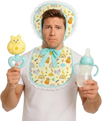 Newcotte 5 Pcs Halloween Baby Cosplay Costume Accessory Set, Including One Adult-sized Bib and One Sized Hat. Also Includes a Bottle, Rattle, and Adult Diapers