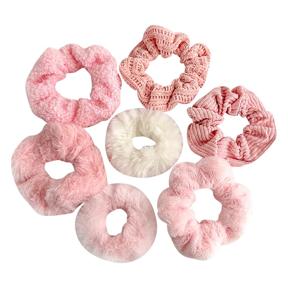 HugeDE 7 Pcs Big Velvet Hair Ties Fluffy Fuzzy Hair Bands Cute Hair Elastics Decorative Ponytail Holders Scrunchy Hair Rubber Bands No Damage Hair Scrunchies Pink