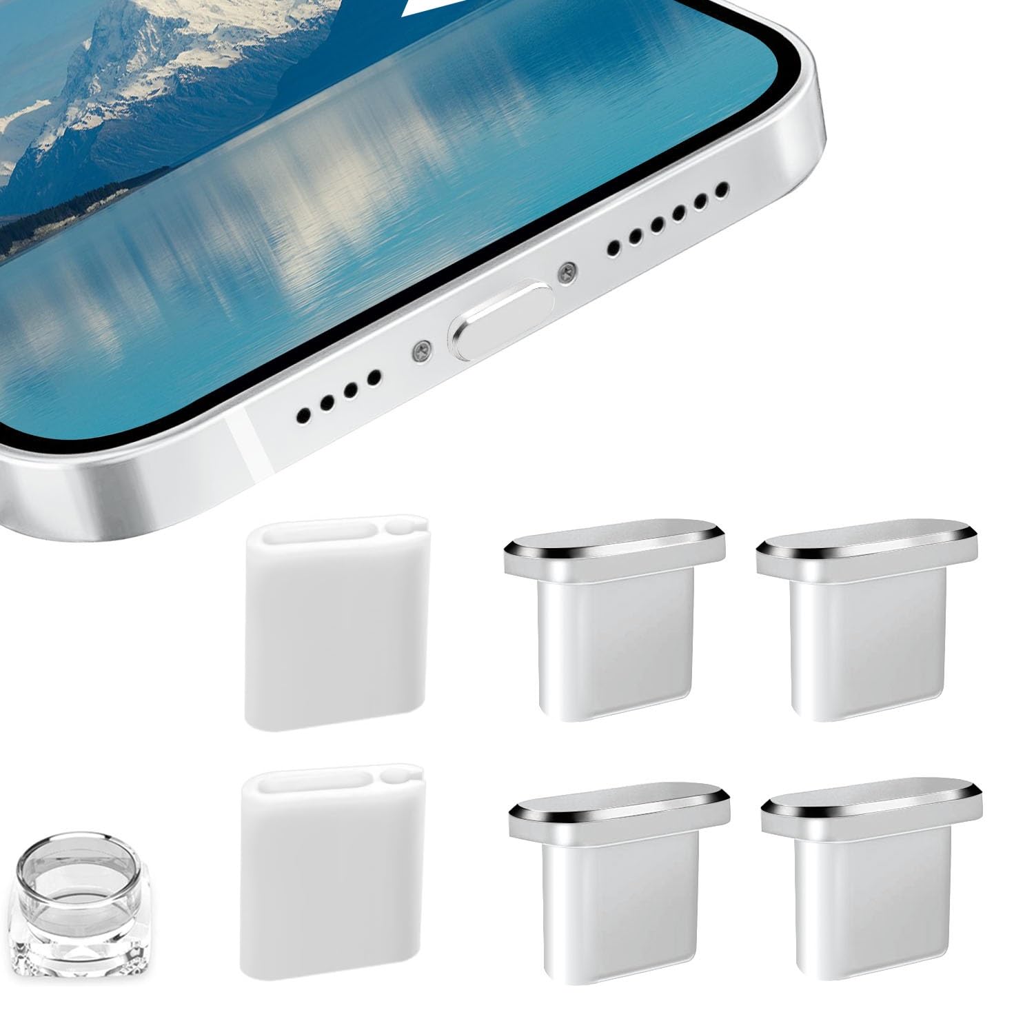 VIWIEU iPhone 17/16 15/15 Plus/15 Pro/15 Pro Max 専用 USB C キャップ タイプc カバー、Type C 端子コネクタ 充電口 全面保護 防塵 防水 防砂 特別に設計 ホコリ対策 アルミ製で 超耐久 (4個 シルバー)と2個 紛失防止 クリップ付 スマホワイヤレス充電に対応