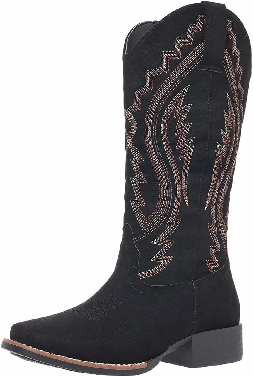Cowboy Boots for Women Western Boots Cowgirl Embroidery Low Chunky Heel Square Toe Mid Calf US size 6-12