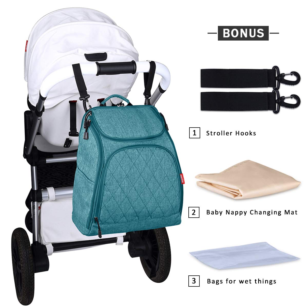 SONARIN Multifunzione Zaino Fasciatoio Bambino per Pannolini con Fasciatoio e Fascia per Passeggino,Grande Capacità,Organizer per Zaino da Viaggio,Impermeabile, Grande Apertura Sul Retro(Verde)