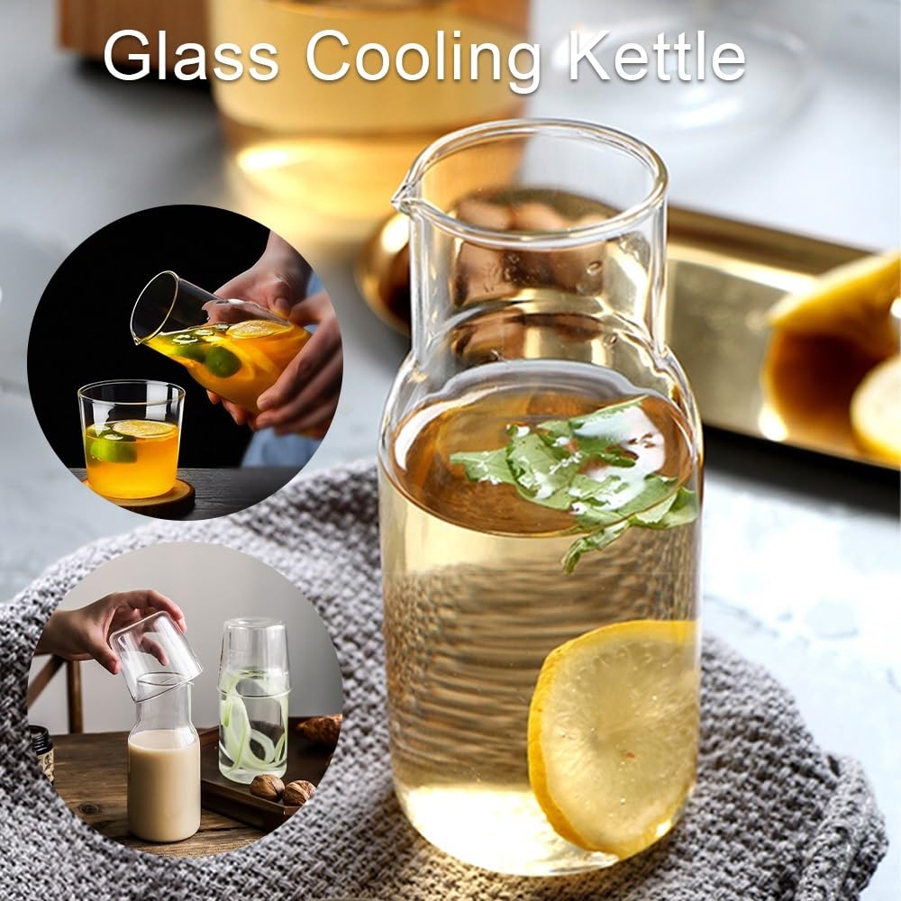 Jarra de Agua Jarra de agua con taza de vidrio Botella de agua fría y caliente Juegos de tazas Jarra de agua for mesita de noche Hervidor de bebidas resistente a altas temperaturas Jarra de Té Helado(