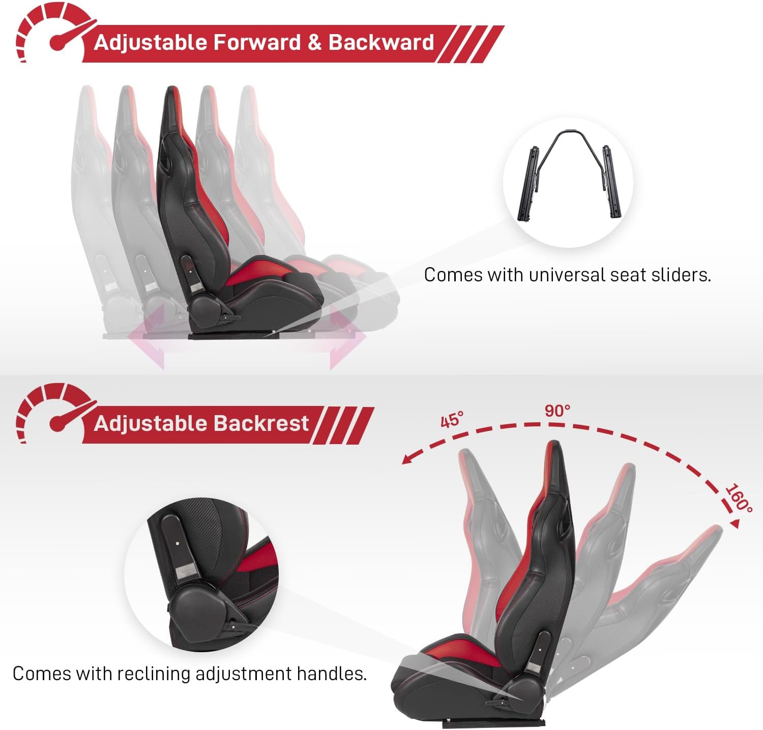Racing Seats 2 PCS Reclinable Bucket Seats with 2 Sliders Adjustable PU Leather Seats Universal Sport Seats for Cars (Black×Red, 37.0""×19.9""×21.7""), WTRSBR37