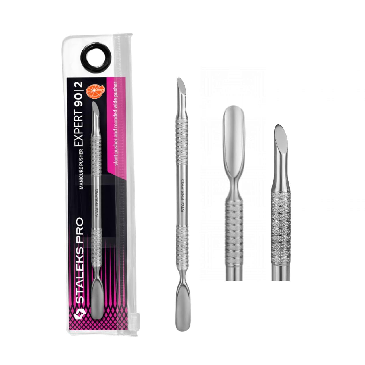 STALEKS PRO by Natury Nails Dual Cuticle Pusher - Slant Tip + Wide Rounded Tip - Manicure and Pedicure - Stainless Steel - Expert 90/2
