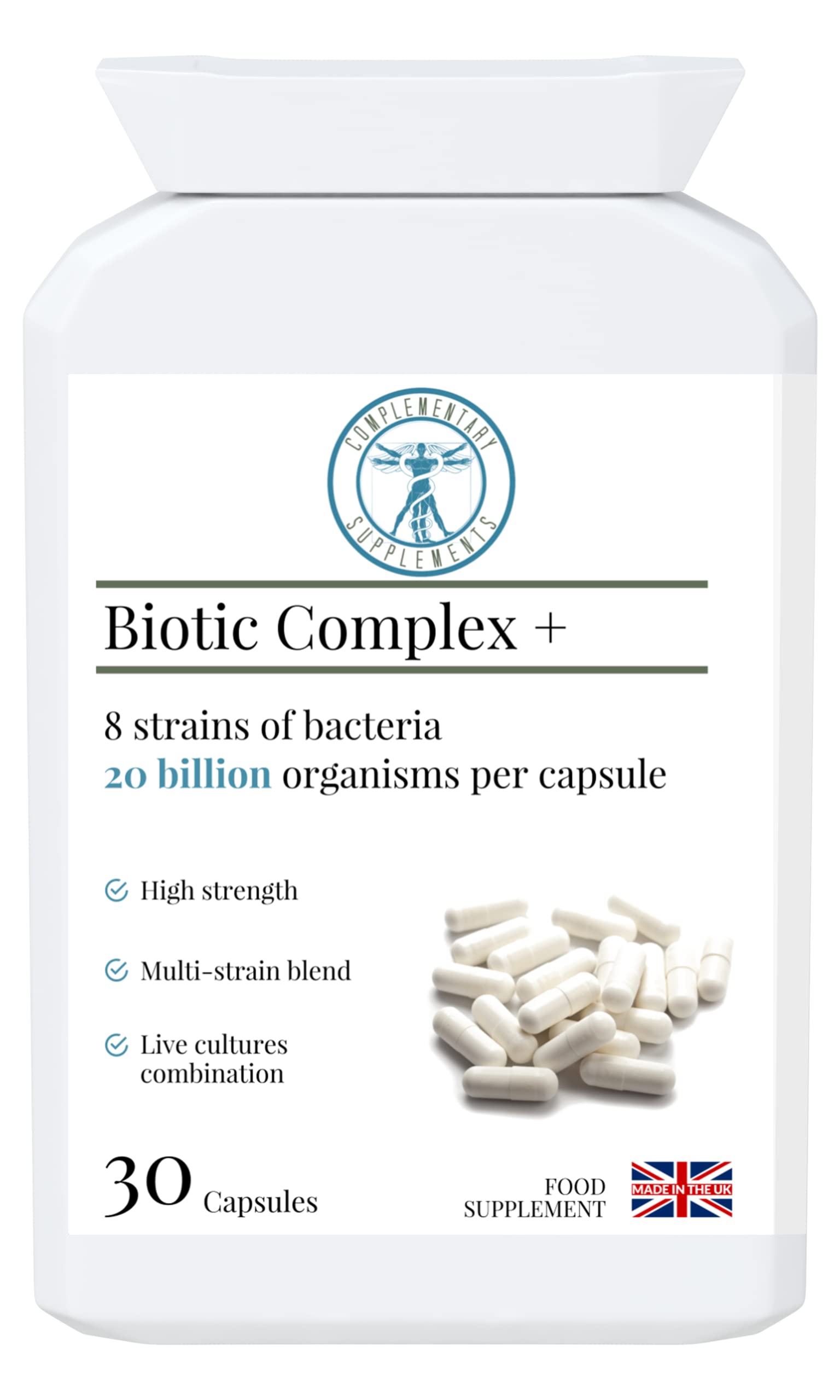 BIOTIC Complex + - 8 Strain Probiotic - Practitioner Strength, 20 Billion Bio-Active Organisms per Capsule - Vegan - 30 Capsules