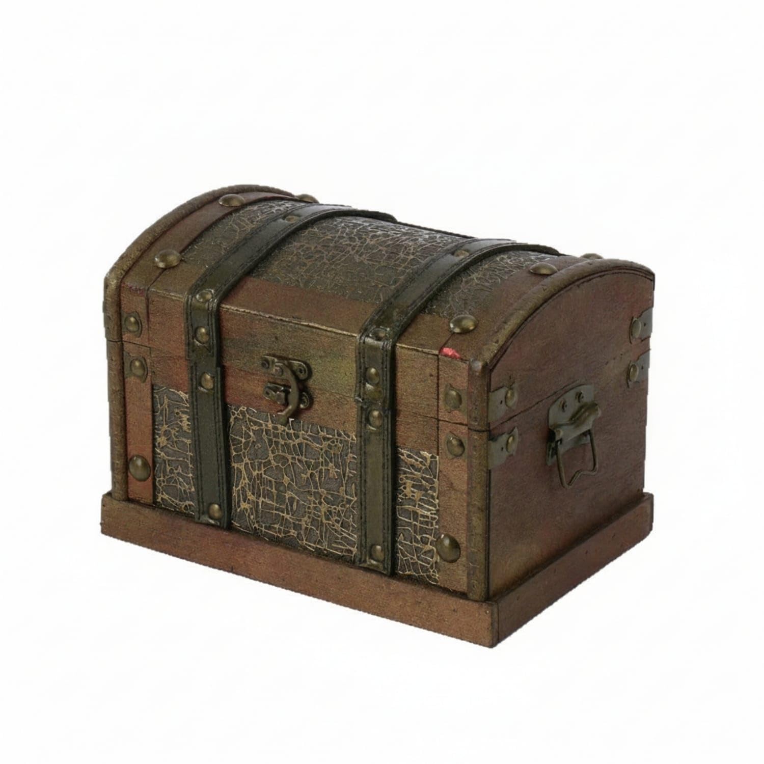 Arched Lid Wooden Treasure Chest Distressed Vintage Storage Chest Metal-Look Trim Decorative Keepsake Box Red Lined for Photo Prop, Home Display, Showcase Ornament, 2|Trunks & Chests|Antiqu-image-0