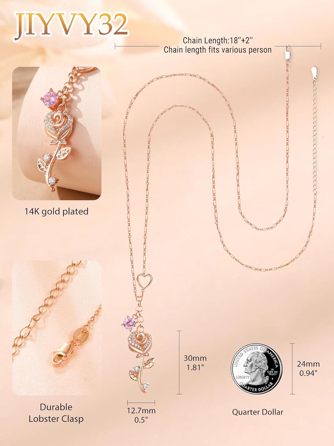 Rose Flower Pendant Necklace for Women Rose Real Gold Elegant Romantic with Gemstone Anniversary Birthday Necklace Gift for Wife Mom - Image 2