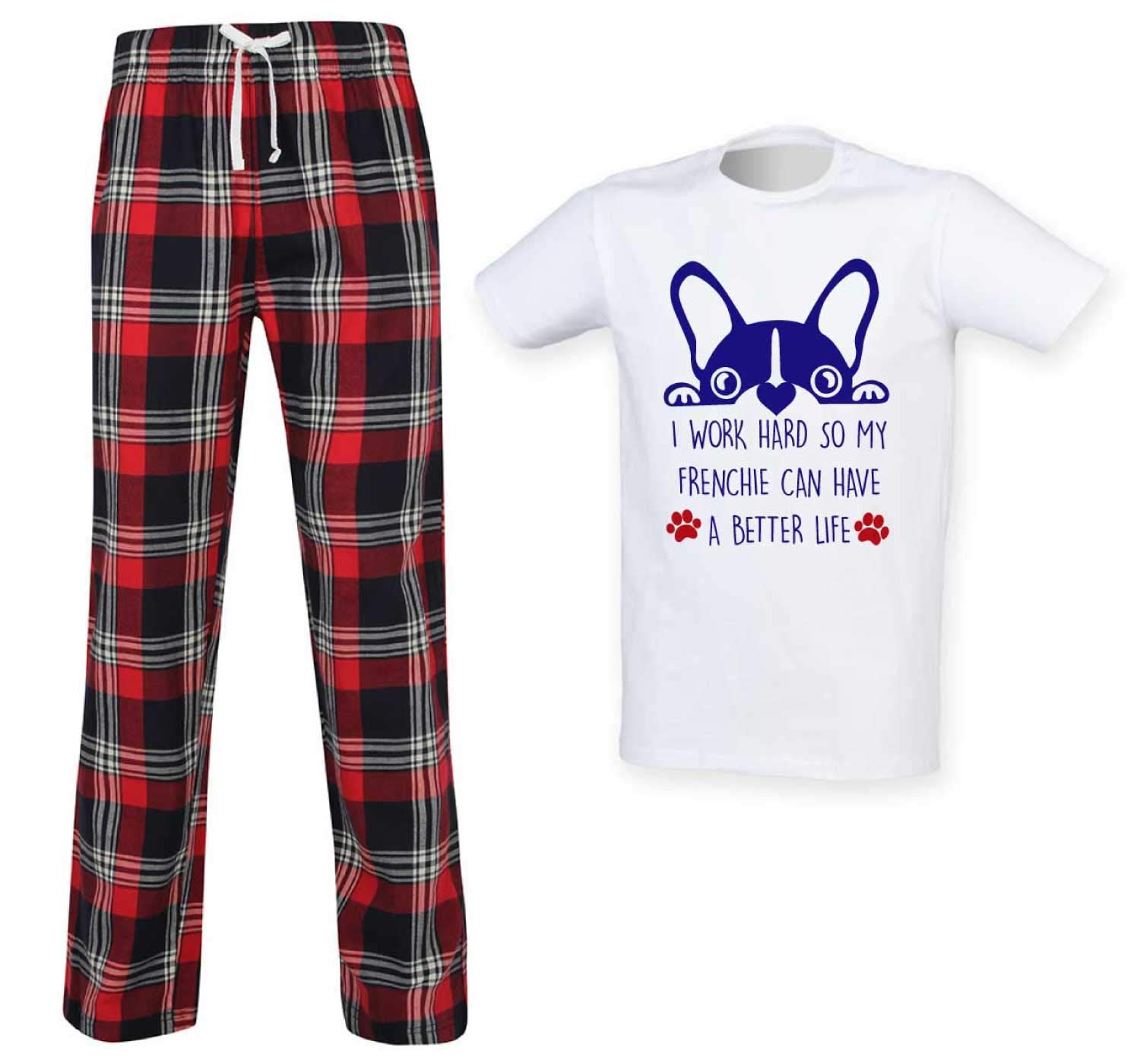 60 Second Makeover Men's Red Limited I Work Hard So My Frenchie Can Have A Better Life Tartan Pyjamas Set French Bull Dog Gifts For Pjs French Bulldog - Medium