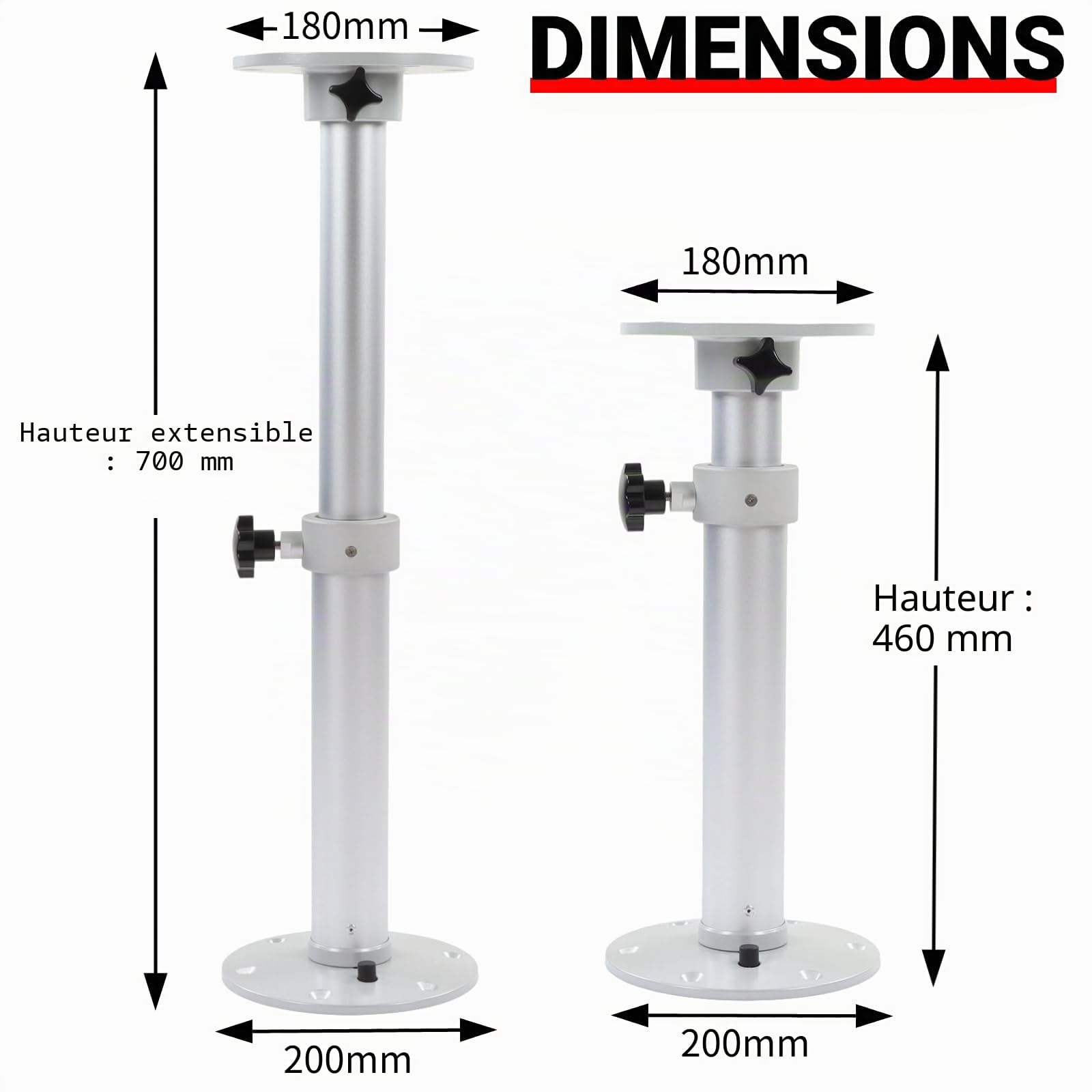 Pieds de Table Réglables en Aluminium - 460 à 700 mm, Pivotant à 360° - Pour Camping-Car, Bateau, Yacht