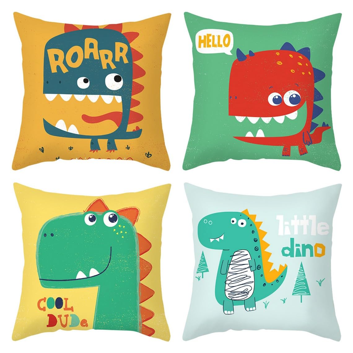 Chenlane Silk Pillow Cover Modern Neutral Sets For Couch Cartoon Cute Dinosaur, Outdoor Throw Covers Cushion Cases With Zipper Exquisite Prints 50x50 cm, 4Pcs