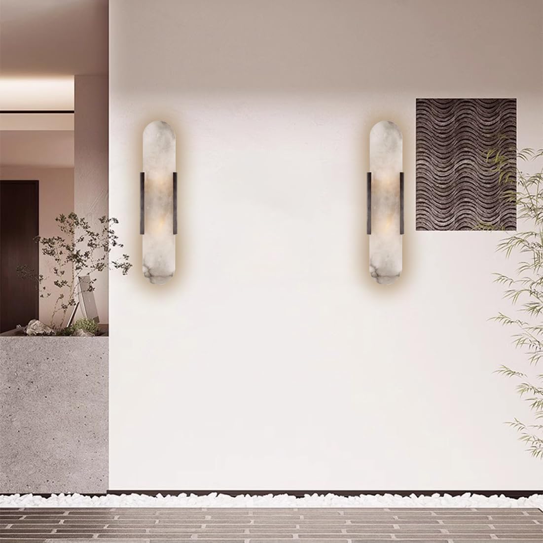 Wandlampe Innen Natürliche Marmor Wandleuchte 3000K Nordische Minimalistische Moderne G4 Wandlichter Mattes Eisengestell Wandbeleuchtung für Schlafzimmer Wohnzimmer Flur Treppe,Schwarz,35cm