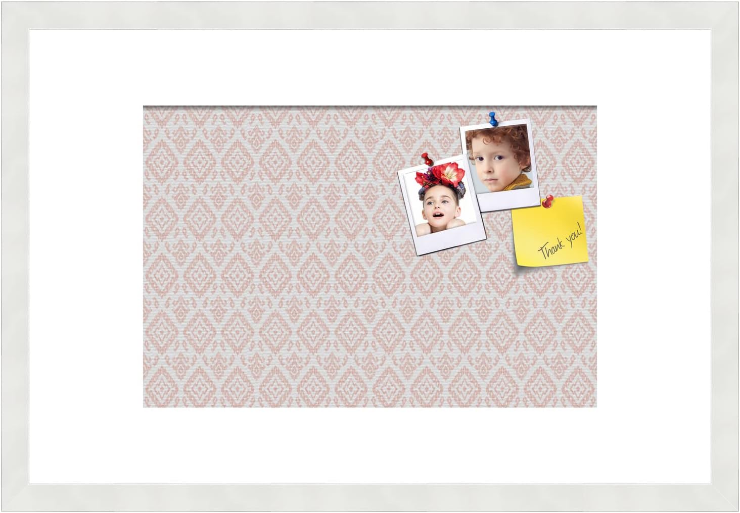 PinPix 24x16 inch Cork Bulletin Board. This Decorative Framed Pin Board Comes with Ikat Vintage Grapefruit Design and Satin White Frame. Ideal for Home, Office Decor or School (PinPix-1600)