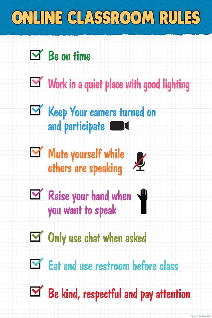 Online Classroom Rules Educational School Teacher Supplies Decor Teaching Toddler Kids Elementary Decorations Remote Learning Homeschool Cool Wall Art Print Poster 12x18