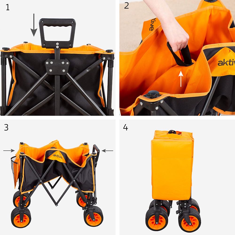 Aktive Carro Transporte Plegable, Playa, Jardín, Camping, hasta 100 kg, Ruedas robustas y giratorias 360 Grados con Frenos, Mango multiángulo, con Bolsillo, con Funda, Portasillas, Negro y Naranja