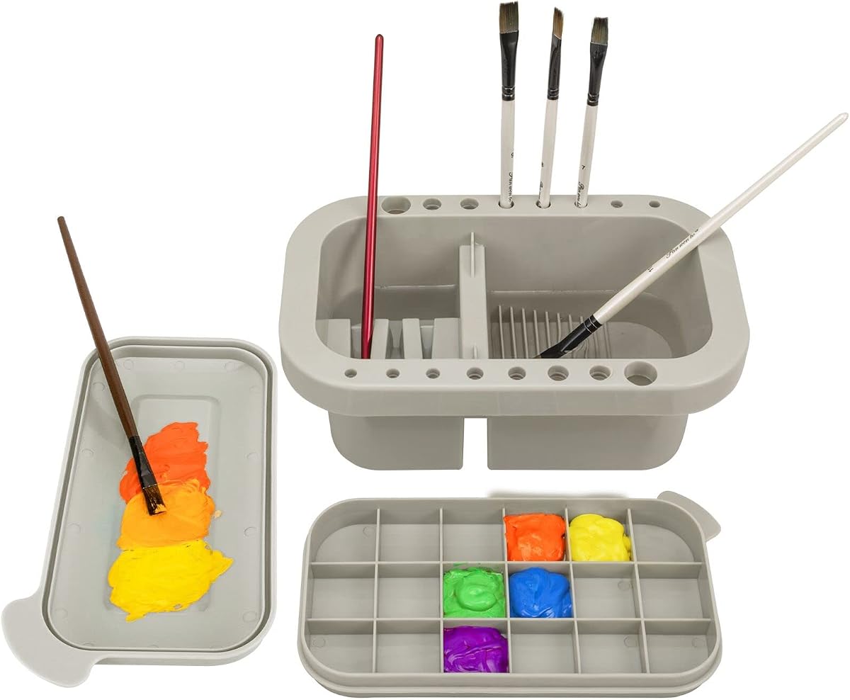 MyLifeUNIT Limpiador de pinceles, soporte para pinceles con paleta, gris | 18 pocillos de mezcla, 16 ranuras con diámetros de 0,24 a 0,63 pulgadas, 3 compartimentos de lavado, tapa de bandeja extraíble