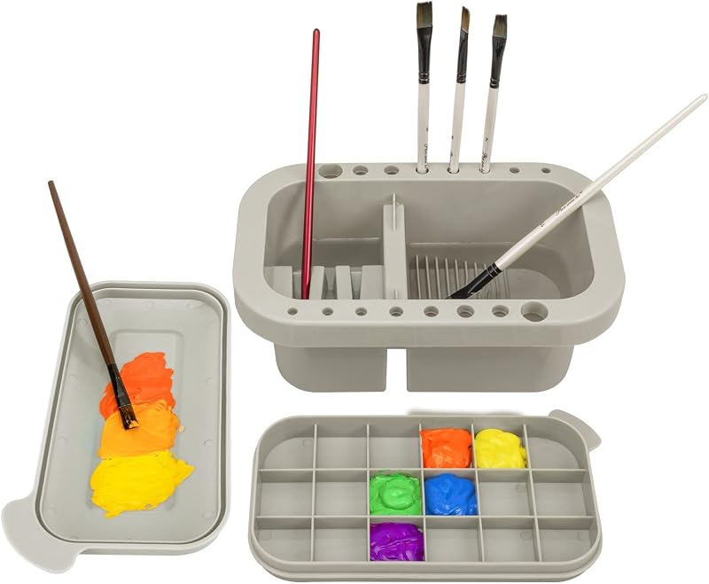 MyLifeUNIT Limpiador de pinceles, soporte para pinceles con paleta, gris | 18 pocillos de mezcla, 16 ranuras con diámetros de 0,24 a 0,63 pulgadas, 3 compartimentos de lavado, tapa de bandeja extraíble
