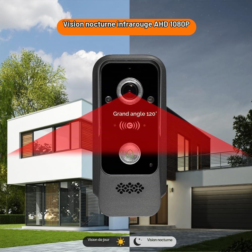 Système d'interphone Vidéo WiFi 1080P HD Caméra de Sonnette Vidéo avec écran Couleur Câblé de 7 Pouces, Prise en Charge de la Vision Nocturne IR, Carte RFID/Tuya APP Unlock