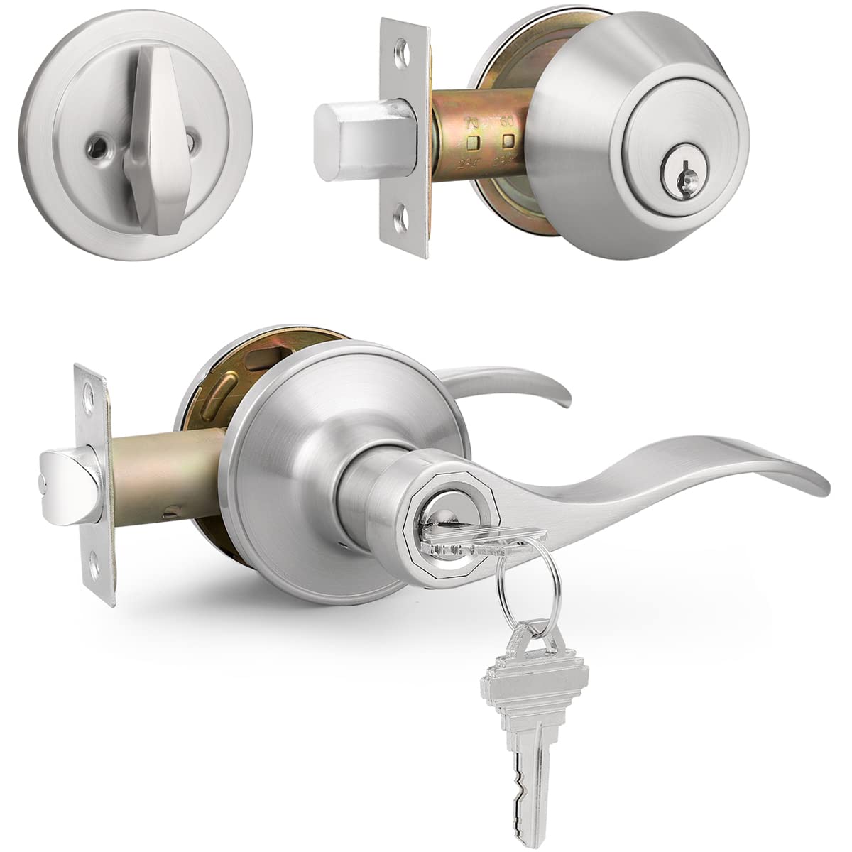Keyed Alike Lever Set with Single Cylinder Deadbolt, Reversible Wave Style Satin Nickel Lockset, Lever Door Handle with Key and Lock for Bedroom, Front Door 4 Pack